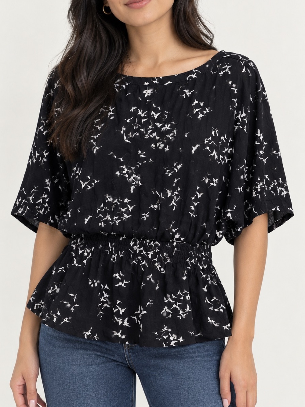 XHILARATION | Dolman Sleeve Smocked Waist Silky Bird Sheer Peplum Blouse Med